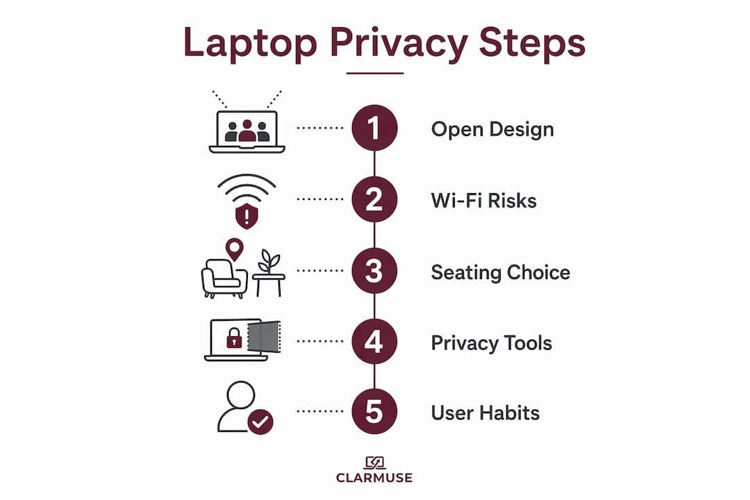 Infographic showing steps to protect laptop privacy in hotel lobbies