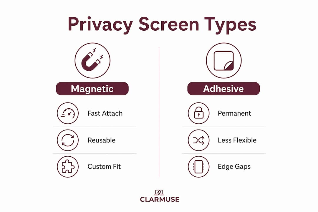 Infografía comparando pantallas de privacidad magnéticas vs adhesivas