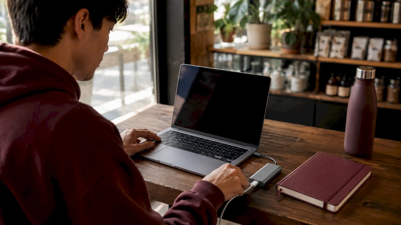 Hands connecting USB-C hub to MacBook