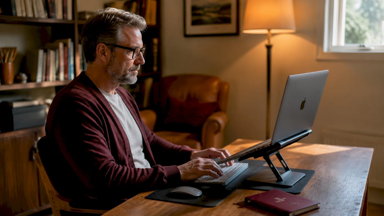 Man typing on MacBook with ergonomic stand setup
