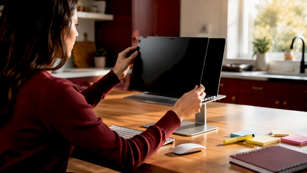 Hands fitting privacy screen on MacBook in study room