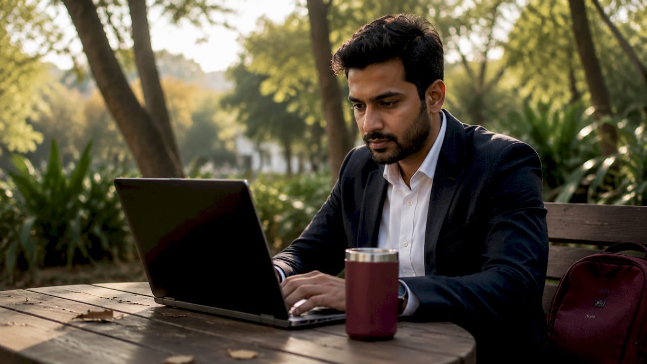Financial advisor using privacy screen in cafe