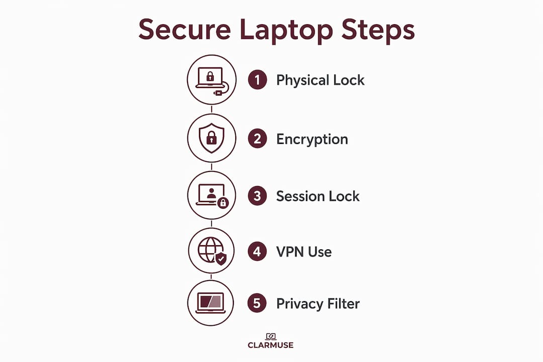Infographic showing steps to secure laptop in public spaces