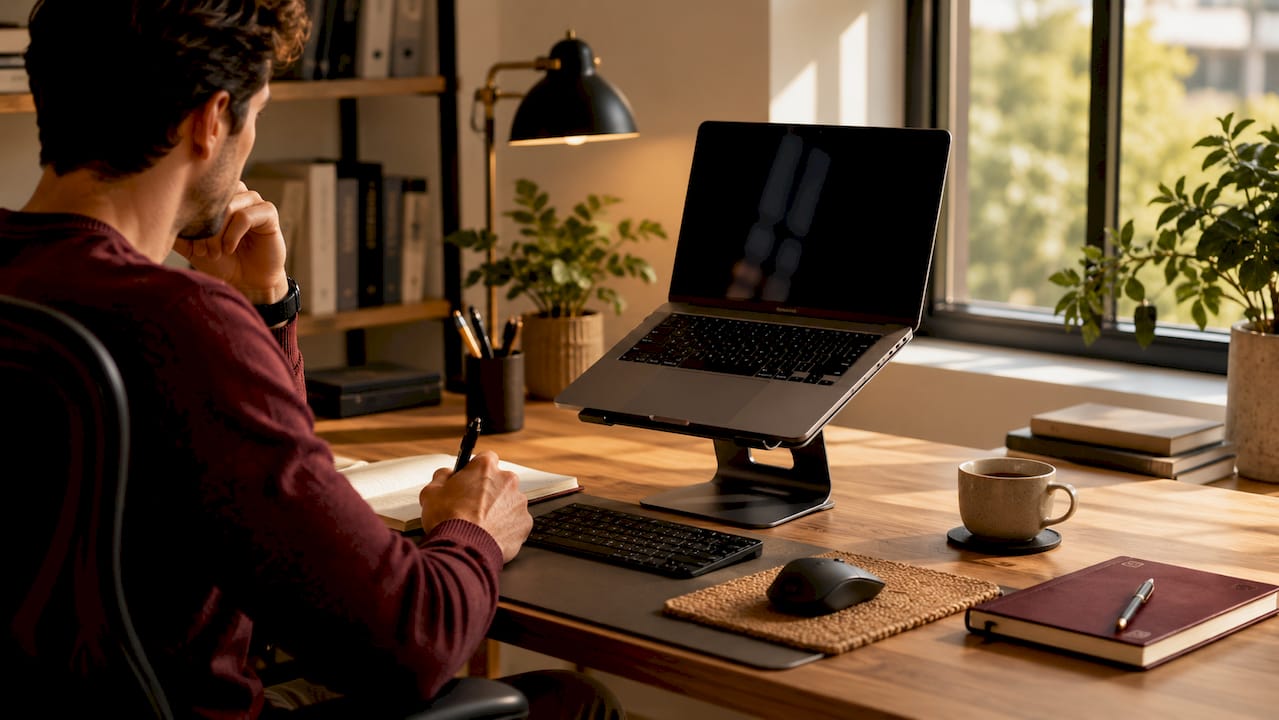 MacBook on ergonomic stand with workspace details