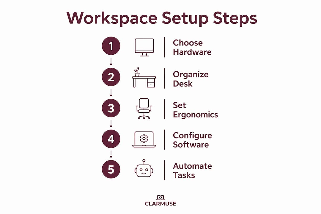 Infographic showing key steps to set up MacBook workspace