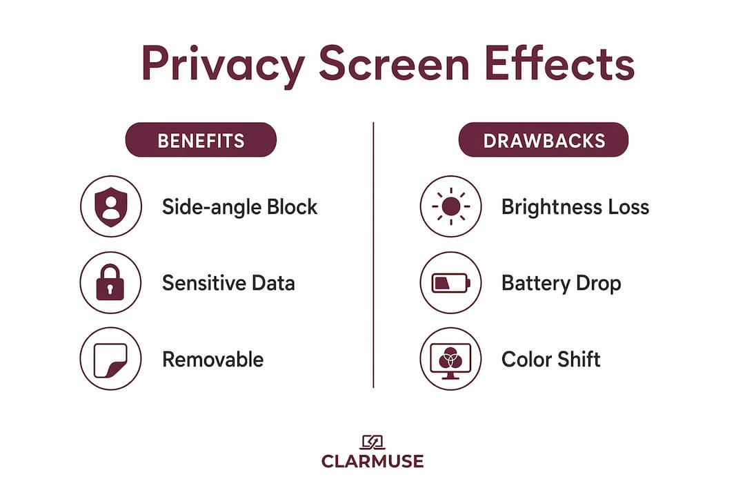Infographic comparing benefits and drawbacks of MacBook privacy screens during review season
