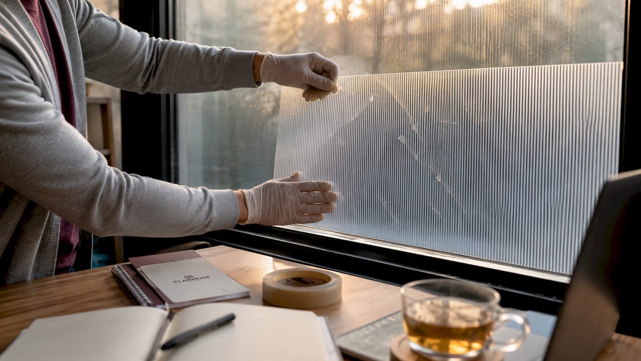 Close-up of hands applying privacy window film