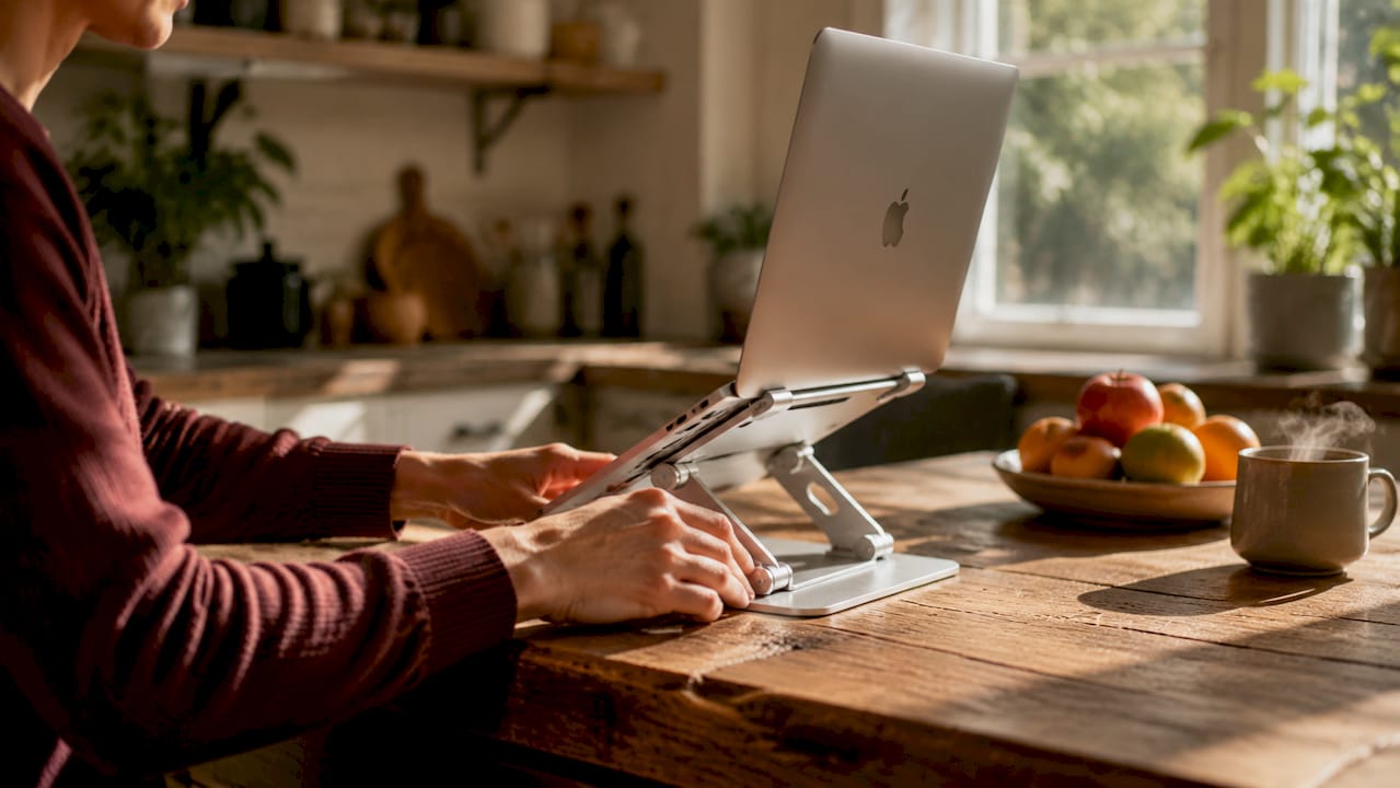 Hands adjusting MacBook aluminum cooling stand