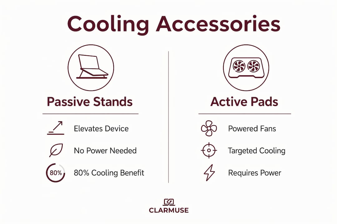 Infographic comparing passive stands and active cooling pads for MacBooks