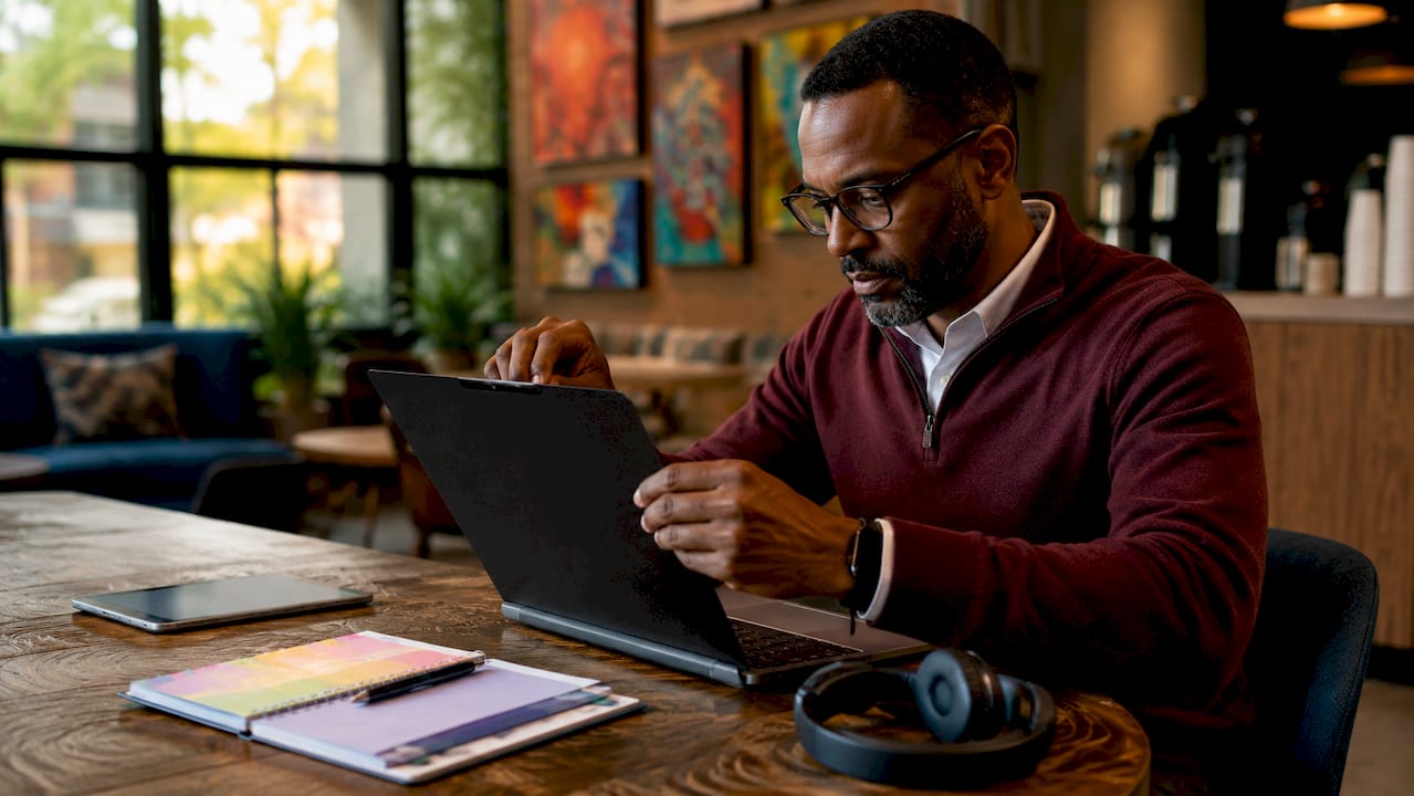 Man installing privacy screen on laptop in café corner