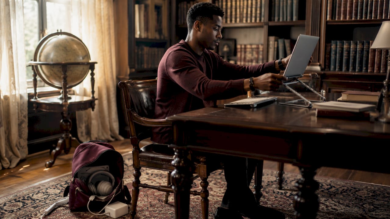Student arranging MacBook setup in private library study room