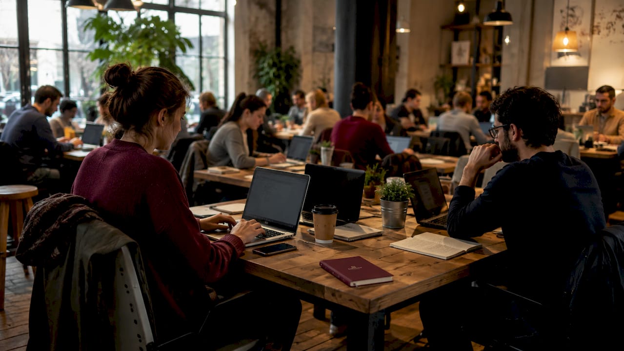 Vista aérea de la disposición de los asientos de una cafetería de planta abierta