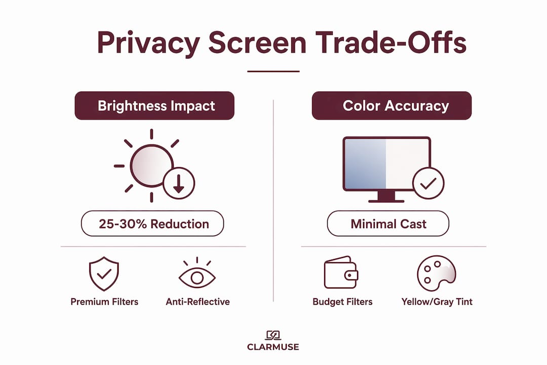Infographic comparing brightness and color effects of privacy screens