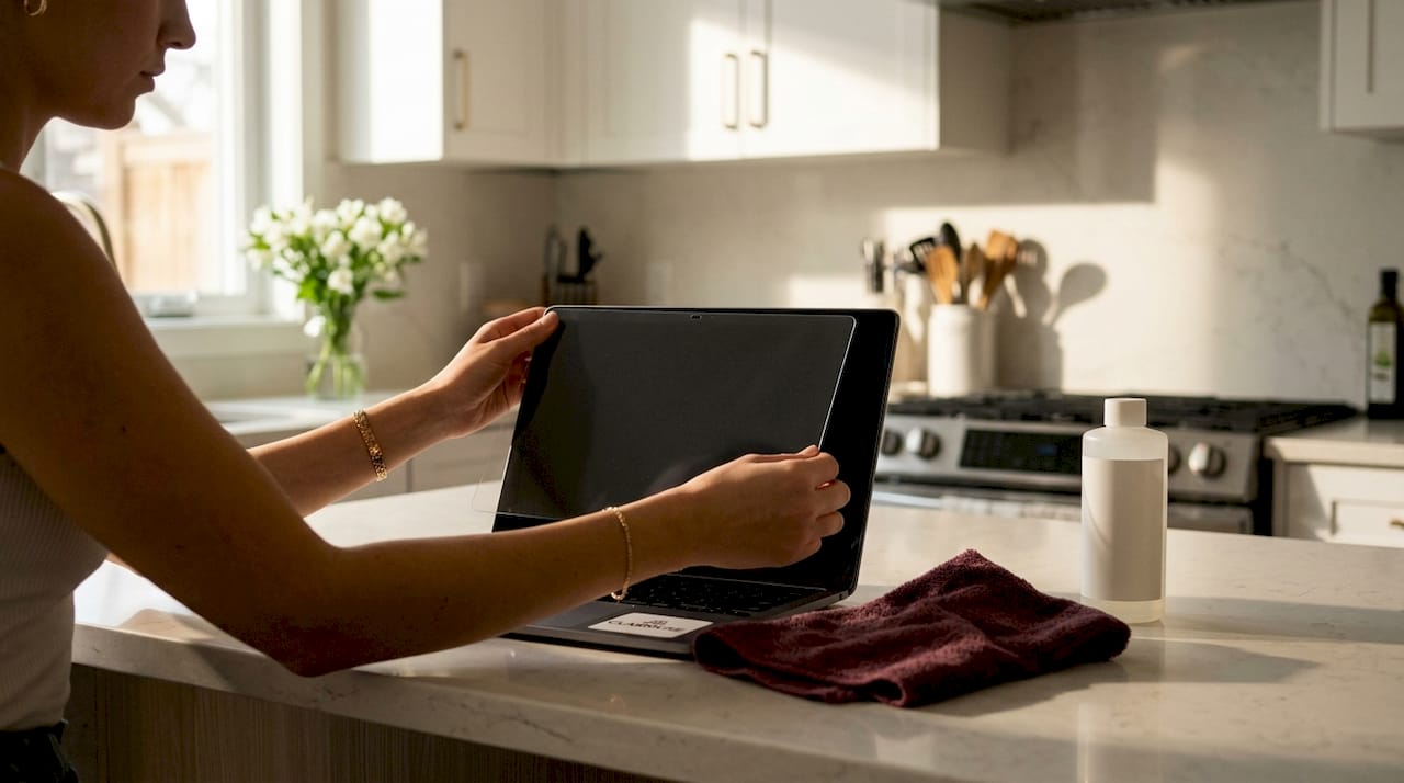Hands placing tempered glass protector on laptop screen