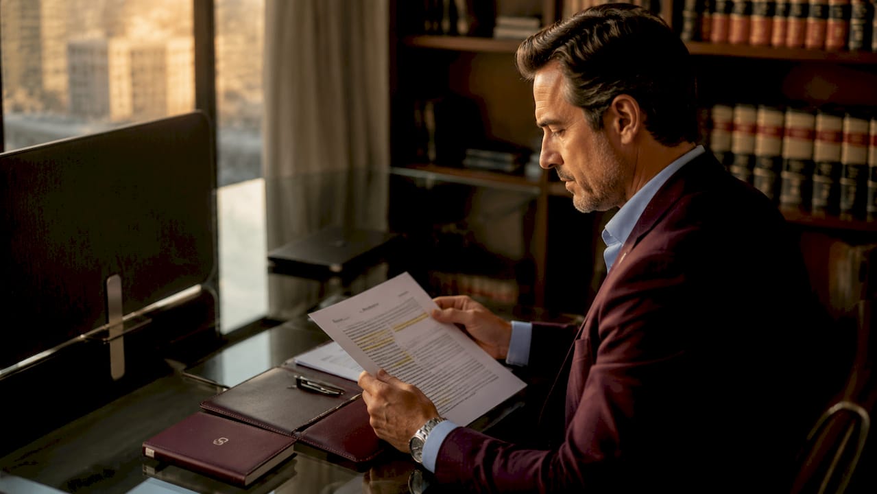 Close-up of hands reviewing legal contract at office desk