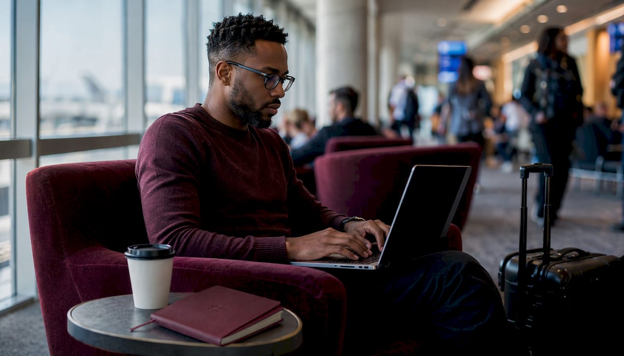 Man using privacy screened laptop in busy airport café