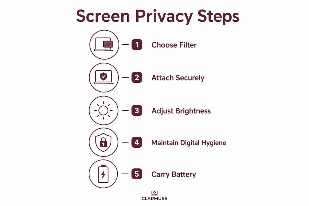 Infographic illustrating five steps for travel screen privacy