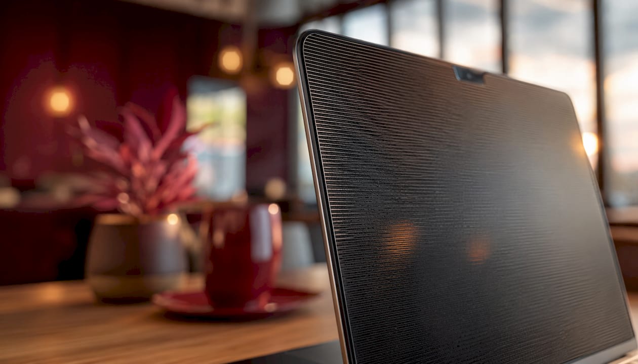 Close-up of MacBook privacy filter micro-louvers