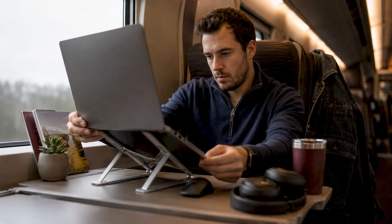 Hands adjusting laptop stand on train table