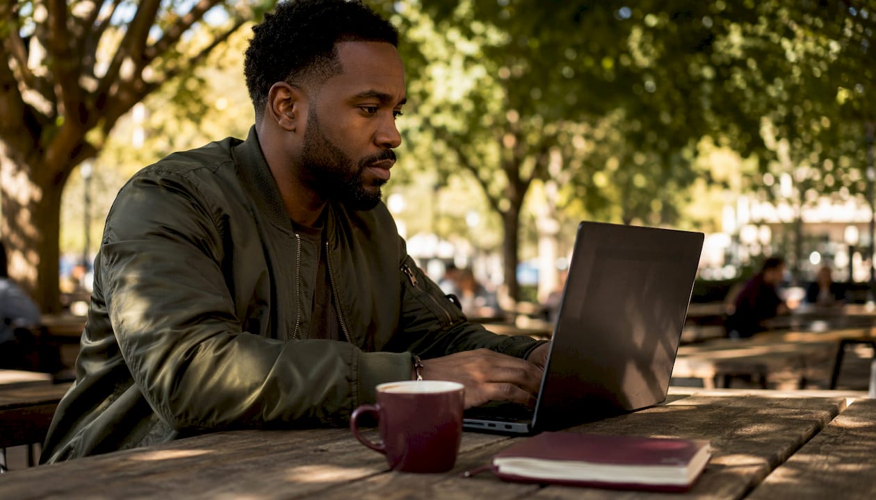 Nomad choosing a private seat in café with laptop