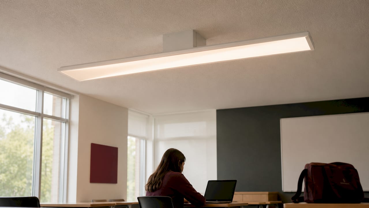 Close-up of LED classroom lighting fixture