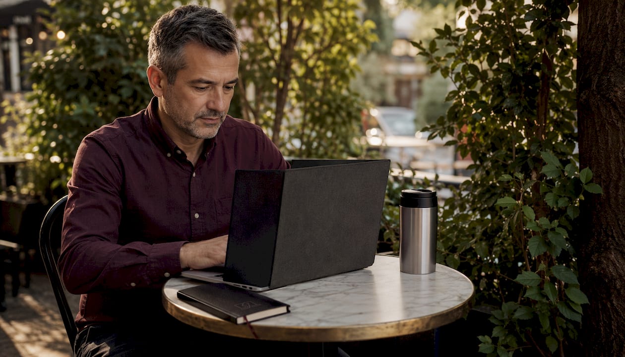 Man using privacy screen at café table