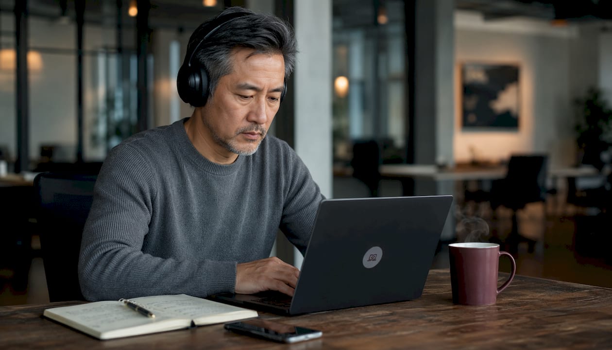 Man seated alone in coworking café with laptop and headphones