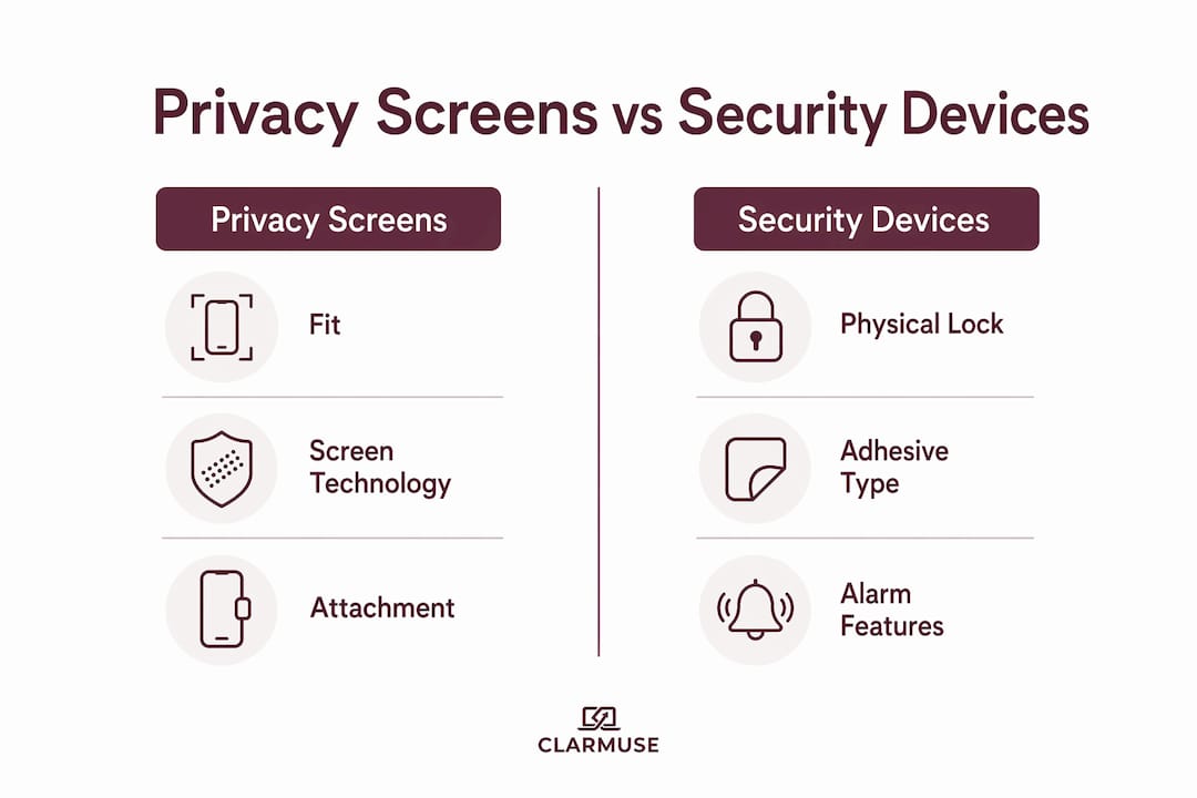 Infographic comparing privacy screens and security devices for MacBook