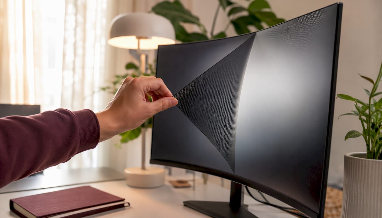 Hand peeling privacy filter from widescreen monitor