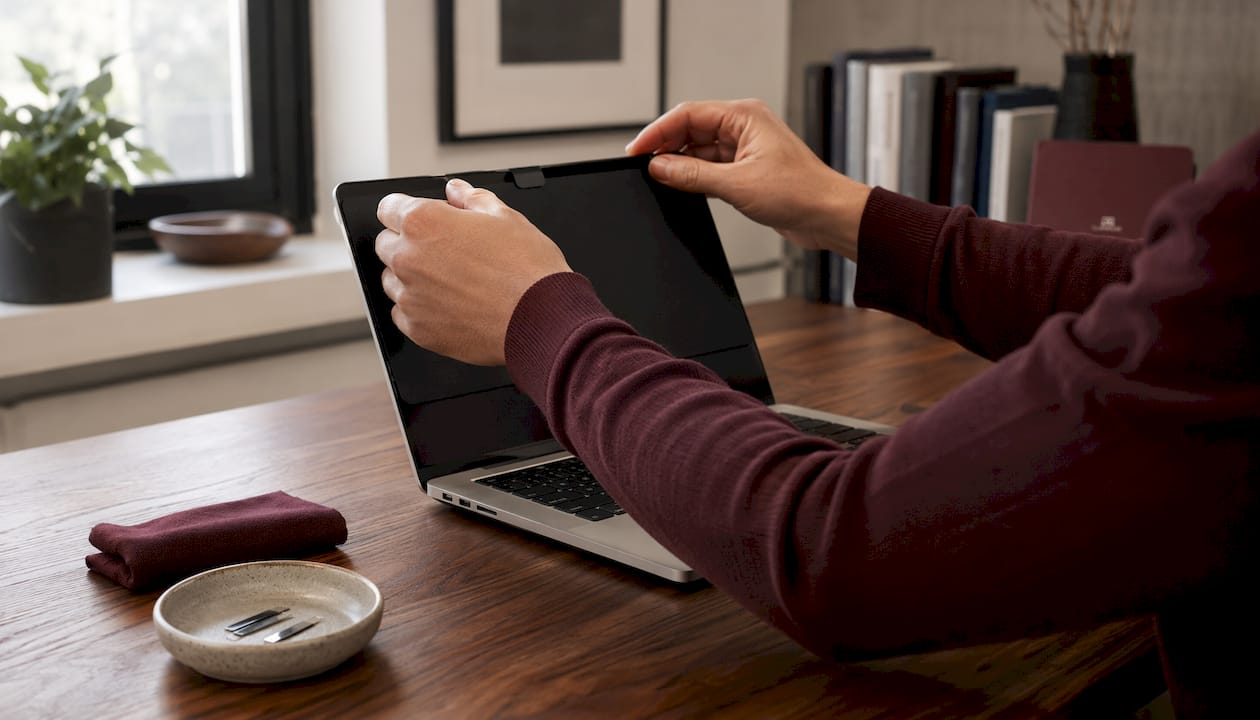 Hands installing magnetic privacy screen on MacBook Pro
