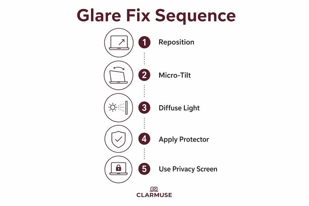 Infographic showing five steps to reduce screen glare
