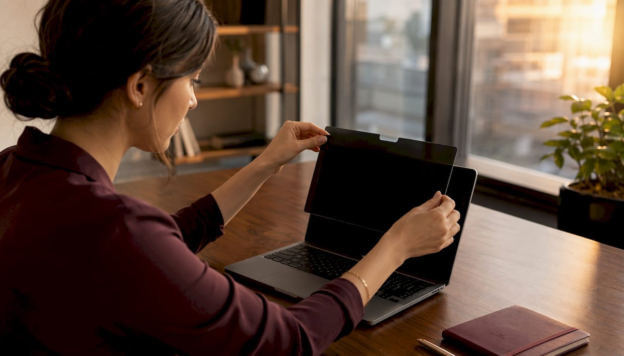 Hands applying privacy screen to MacBook laptop