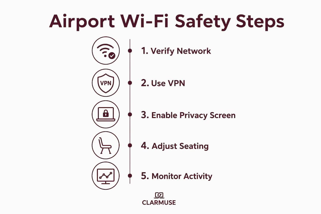 Infographic with steps to secure MacBook on airport Wi-Fi