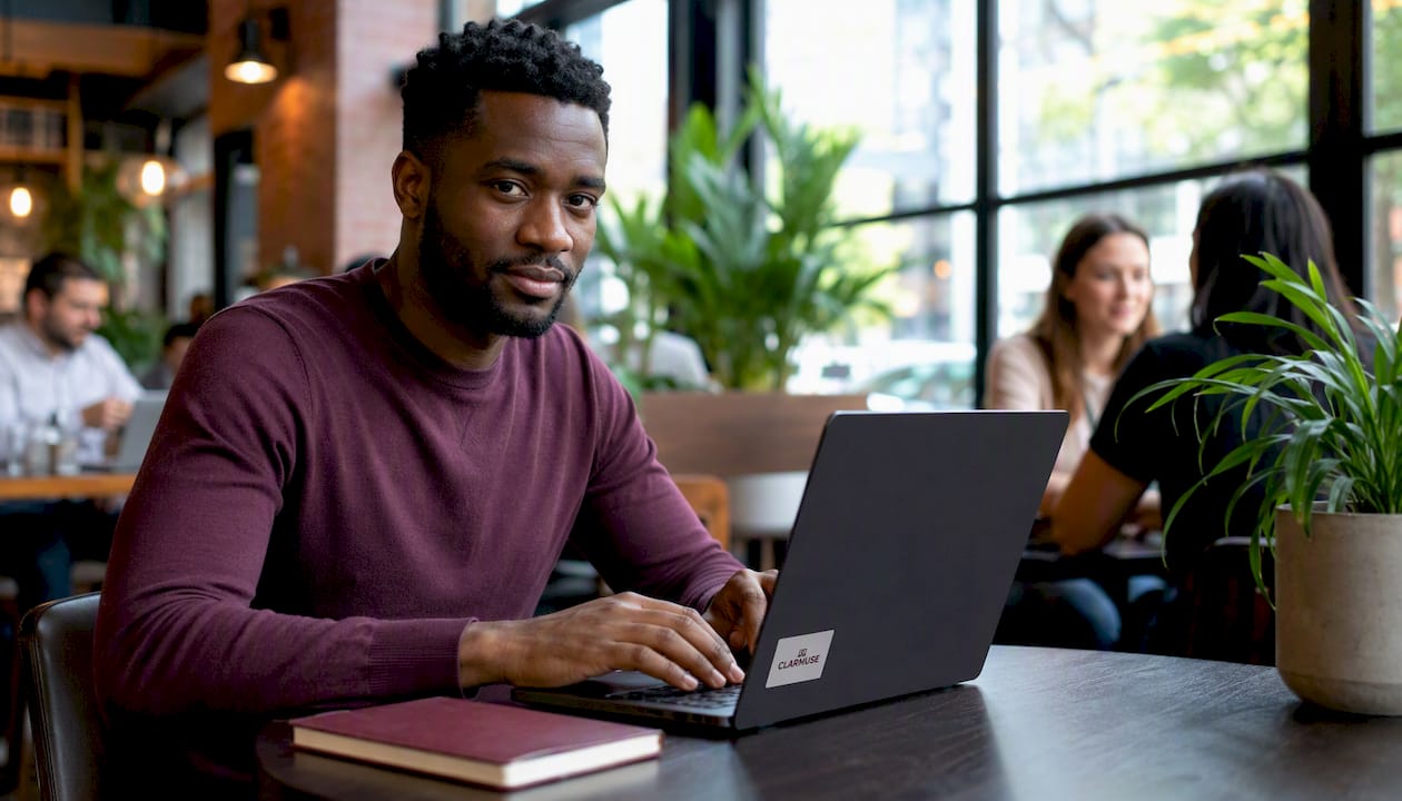 Man typing on MacBook with privacy filter in shared office
