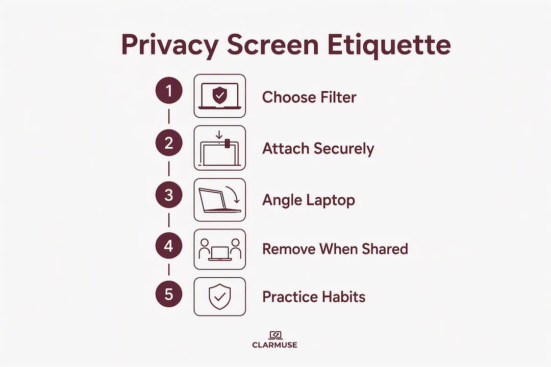Infographic of privacy screen etiquette steps for MacBook users