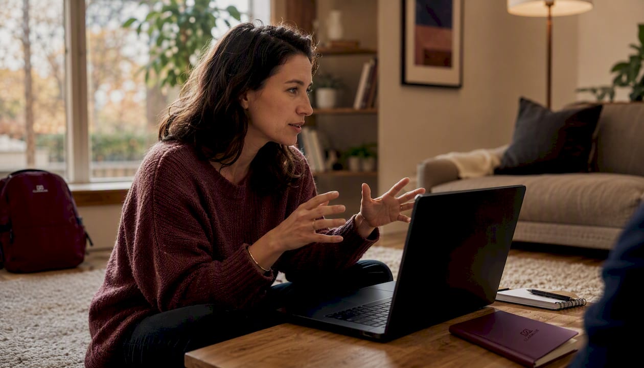 Hands gesturing over MacBook with privacy screen