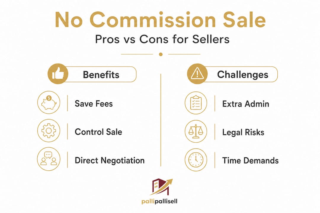 Infographic comparing benefits and challenges of no commission property sales