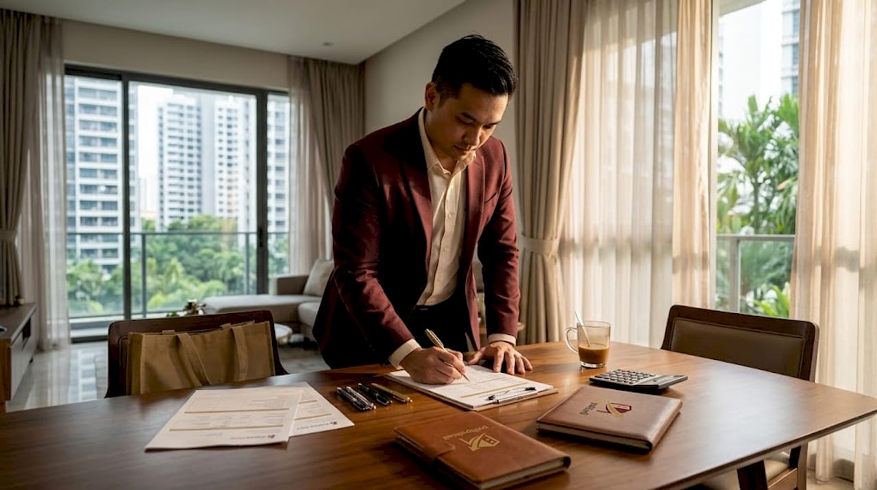 Agent prepares commission paperwork in kitchen