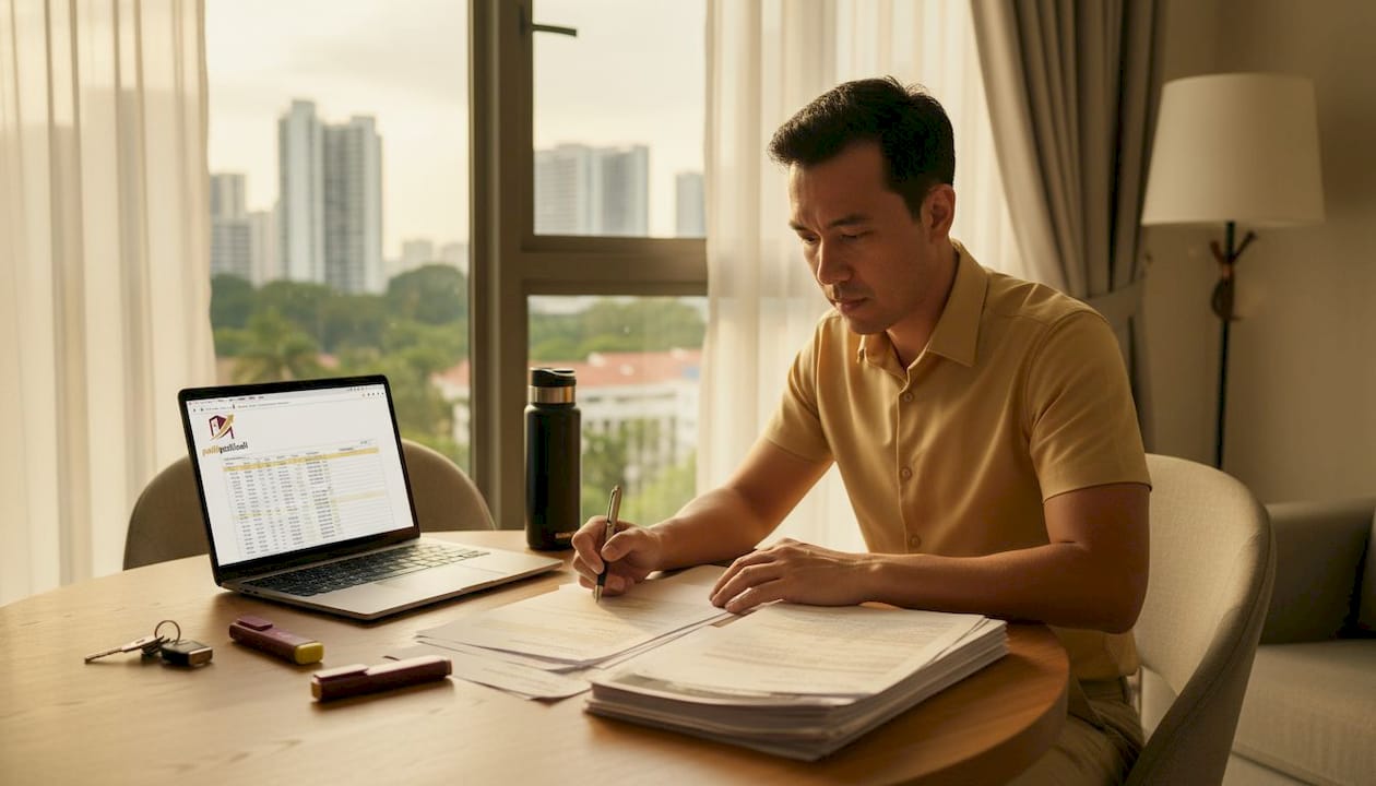 Man reviewing HDB commission documents at home