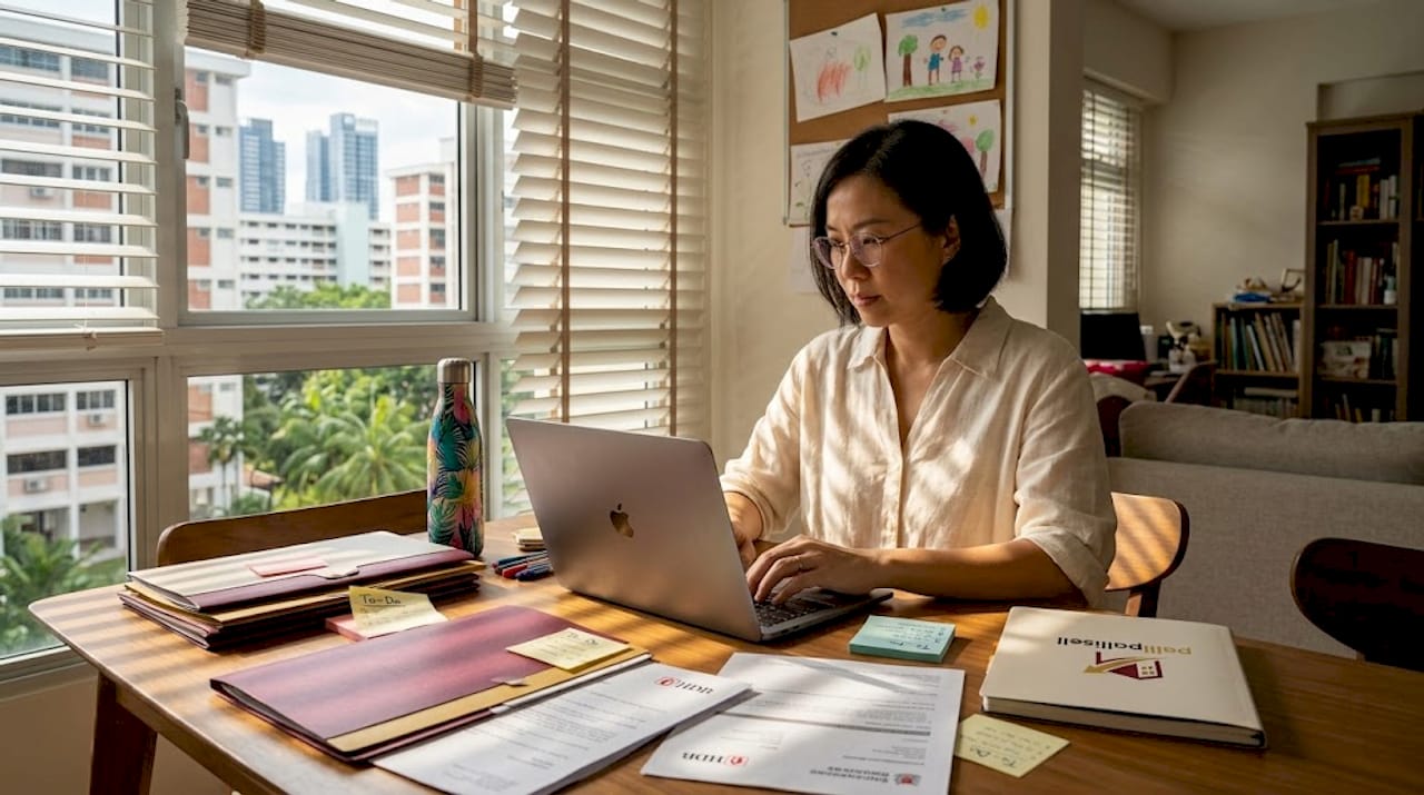Woman reviewing HDB paperwork at home table
