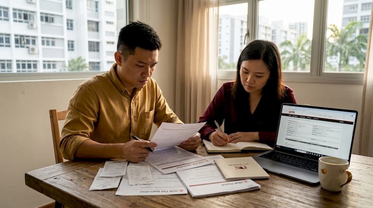 Couple reviewing HDB sale paperwork at table