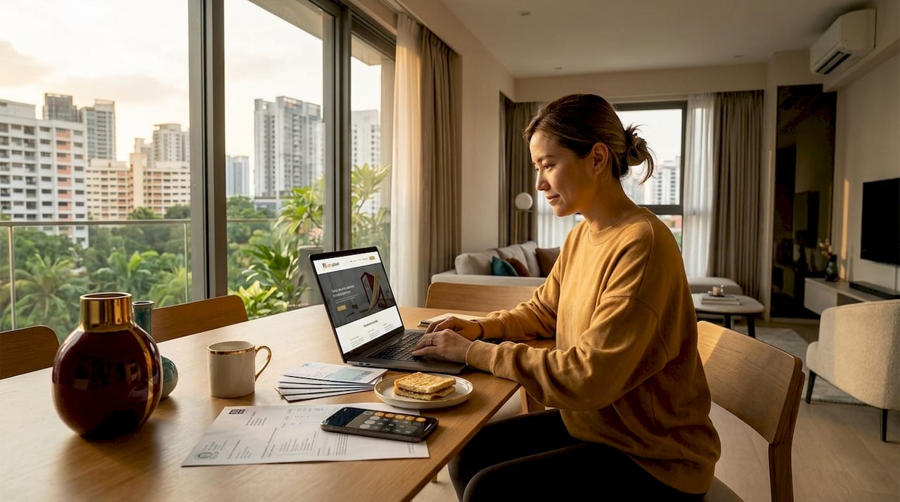 Woman calculating CPF refund with laptop bills