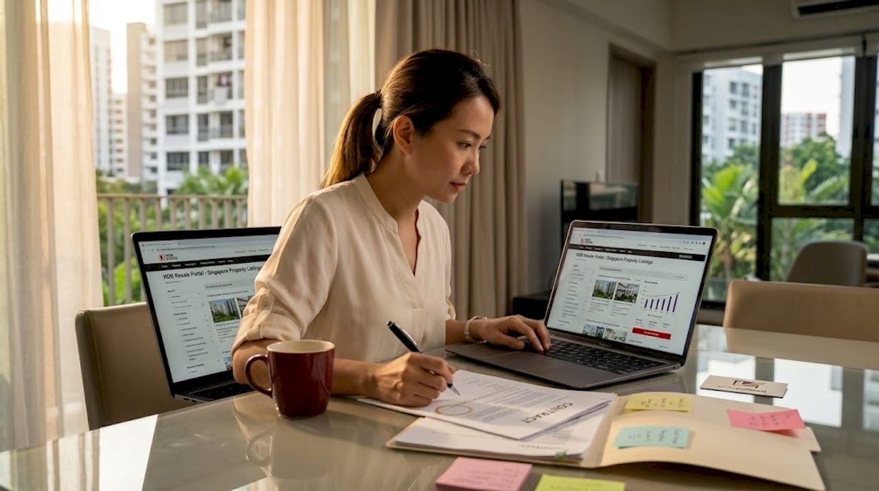 Homeowner reviewing sale documents and screen