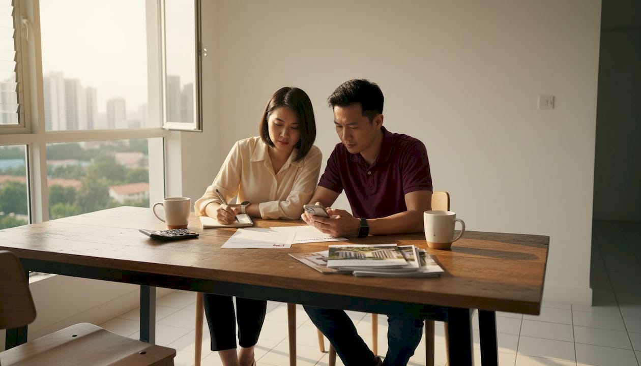 Couple reviewing HDB agent commission paperwork