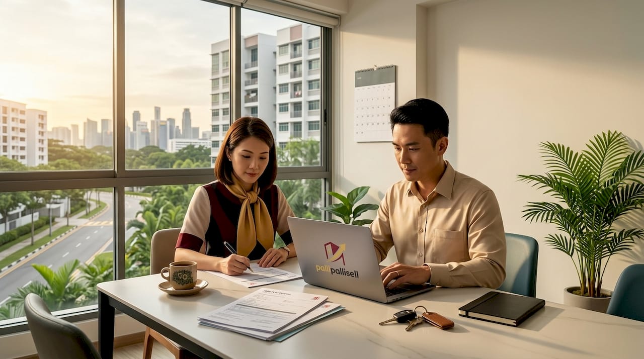 Couple working on HDB sale paperwork in bright flat