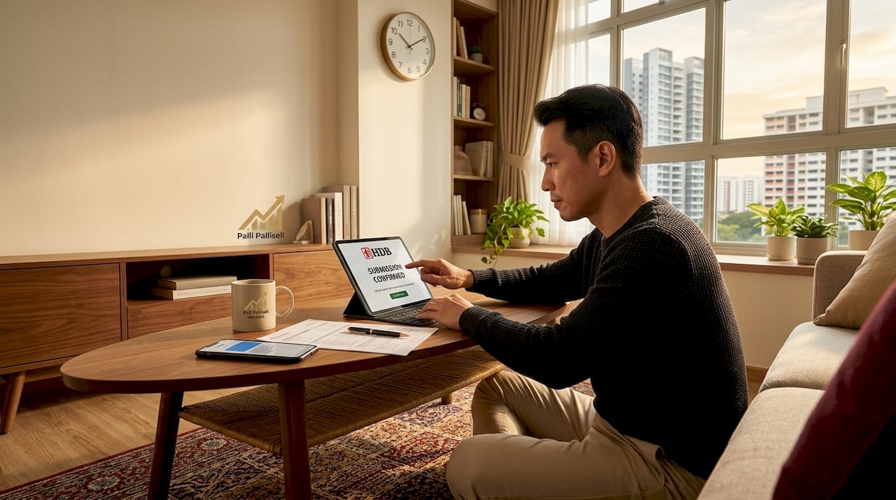 Homeowner submitting HDB resale on tablet
