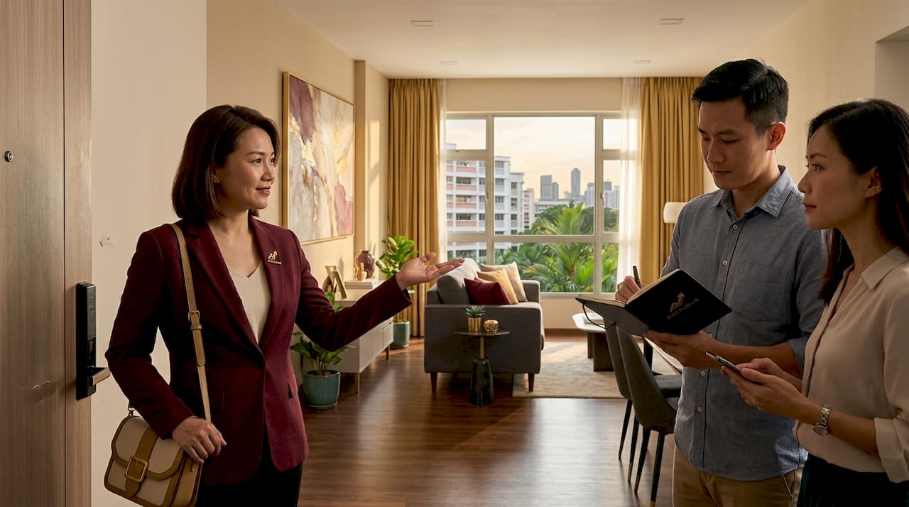 Agent touring HDB flat with prospective buyers