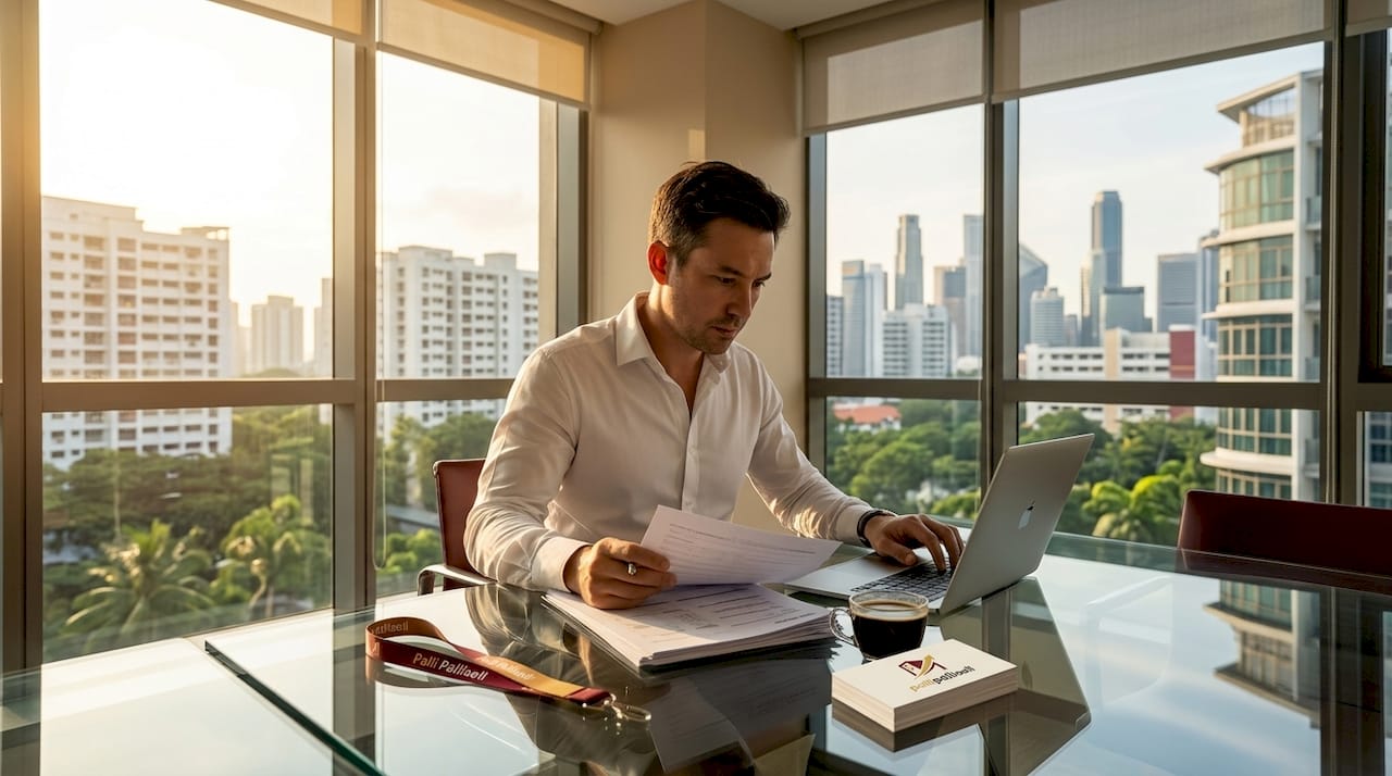 Agent handling property paperwork in Singapore office