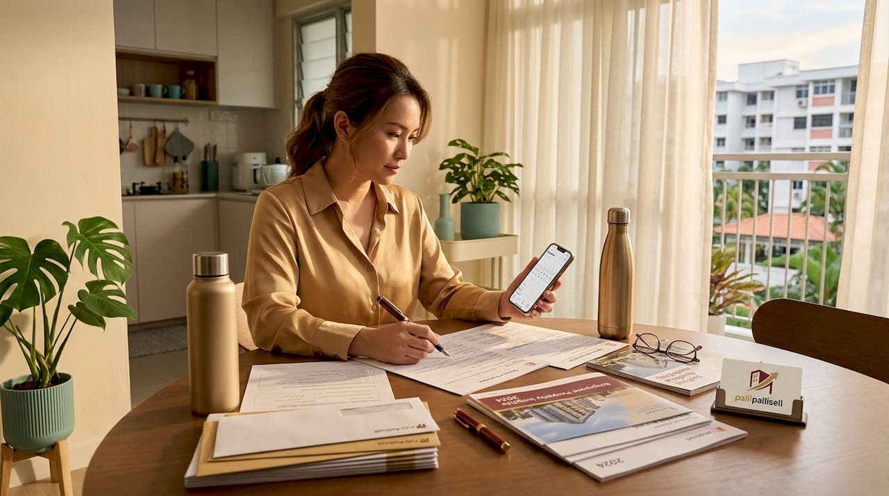 Seller reviewing paperwork at home dining table