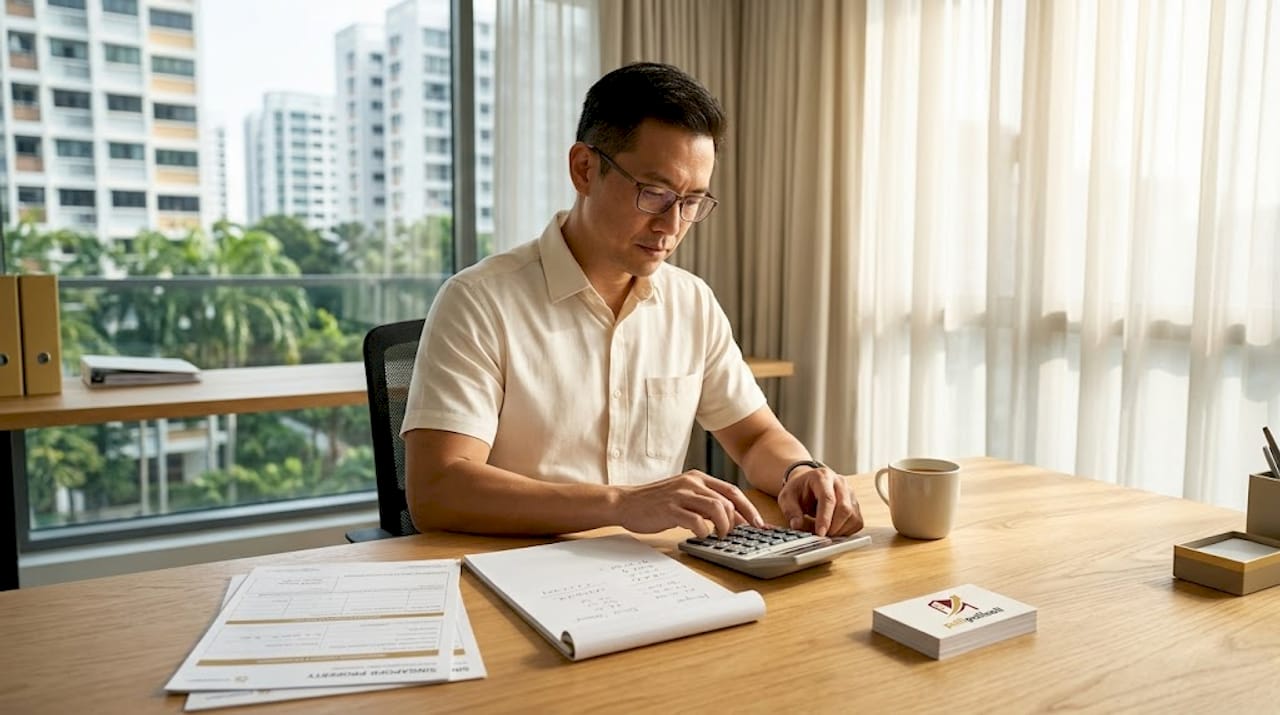 Real estate agent calculating commission at desk